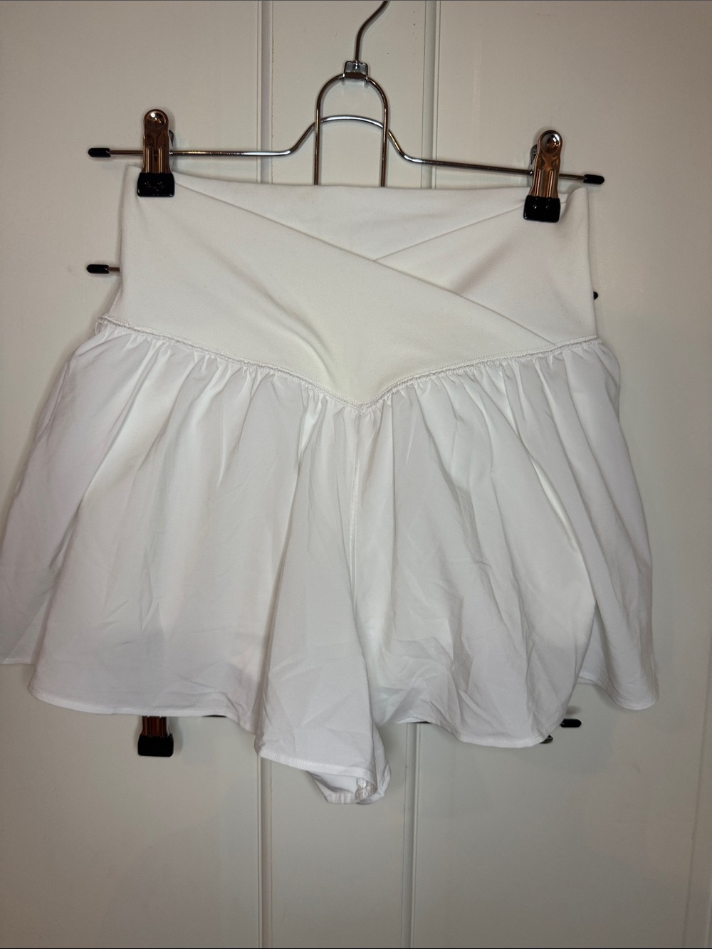 White High-Waist Flared Athletic Shorts with Crossover Waistband